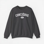 Donkere grijze crewneck sweater met witte 'CONCIËRGE' en klein 'NL'-logo
