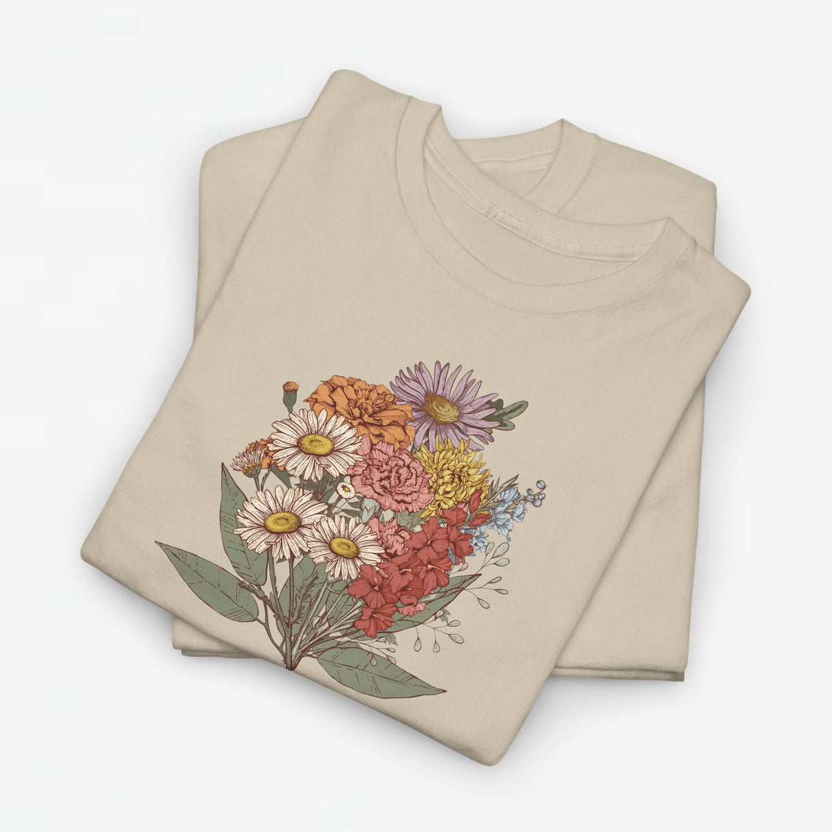 Beige t-shirt met kleurrijke bloemenboeketprint op de borst