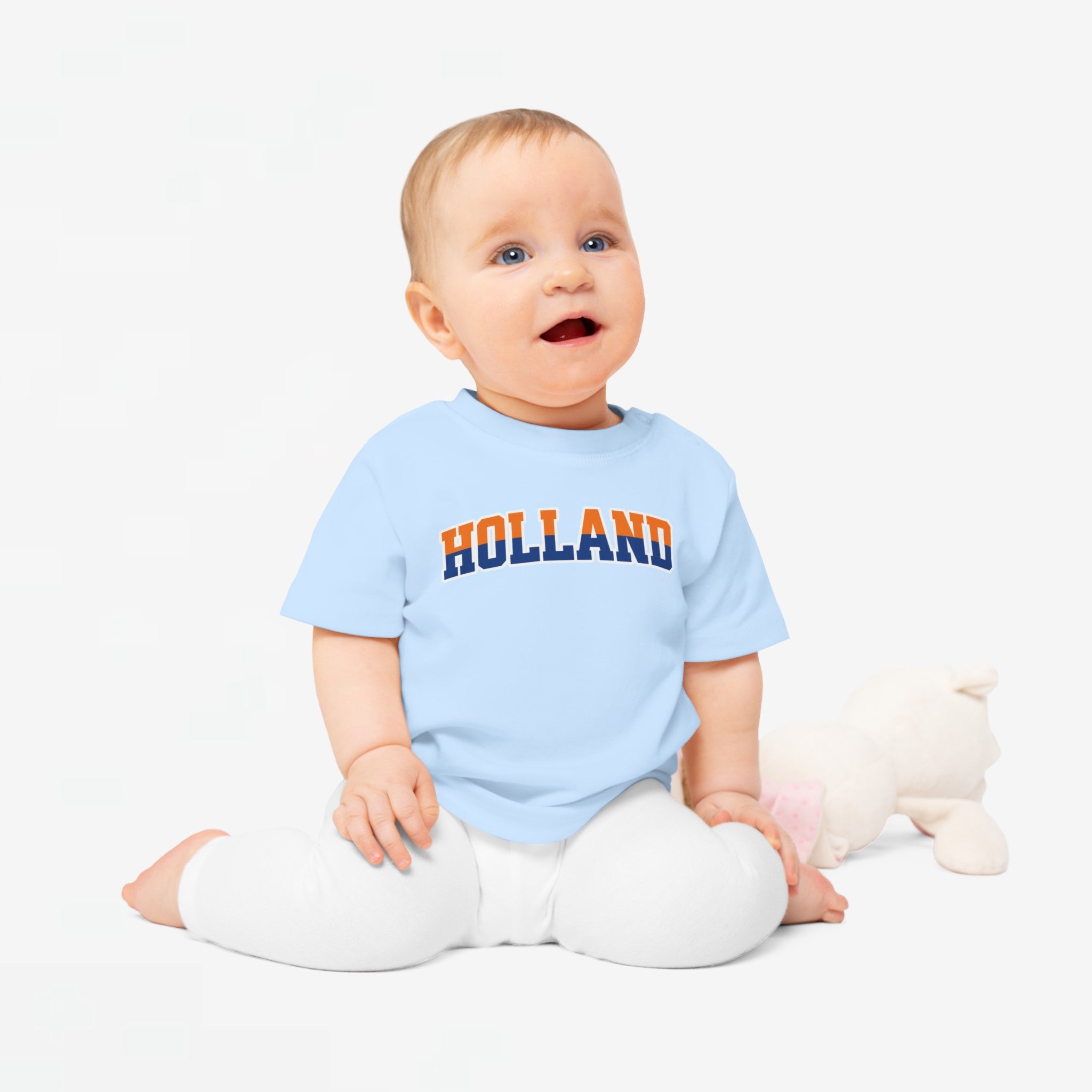 Baby T-shirt voor EK, WK en Koningsdag - HOLLAND - oranje en blauwe tekst