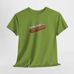 Groen T-shirt met frontprint frikandelworst op borst, ronde hals.