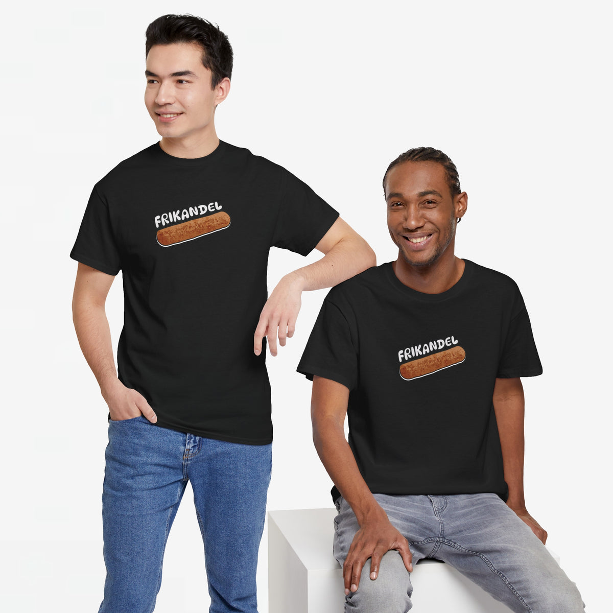 Zwarte oversized T-shirt met Frikandel-frontprint op de borst