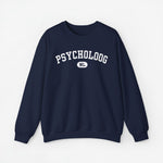 Donkerblauwe sweater met ronde hals en PSYCHOLOGOOG NL-print op de borst