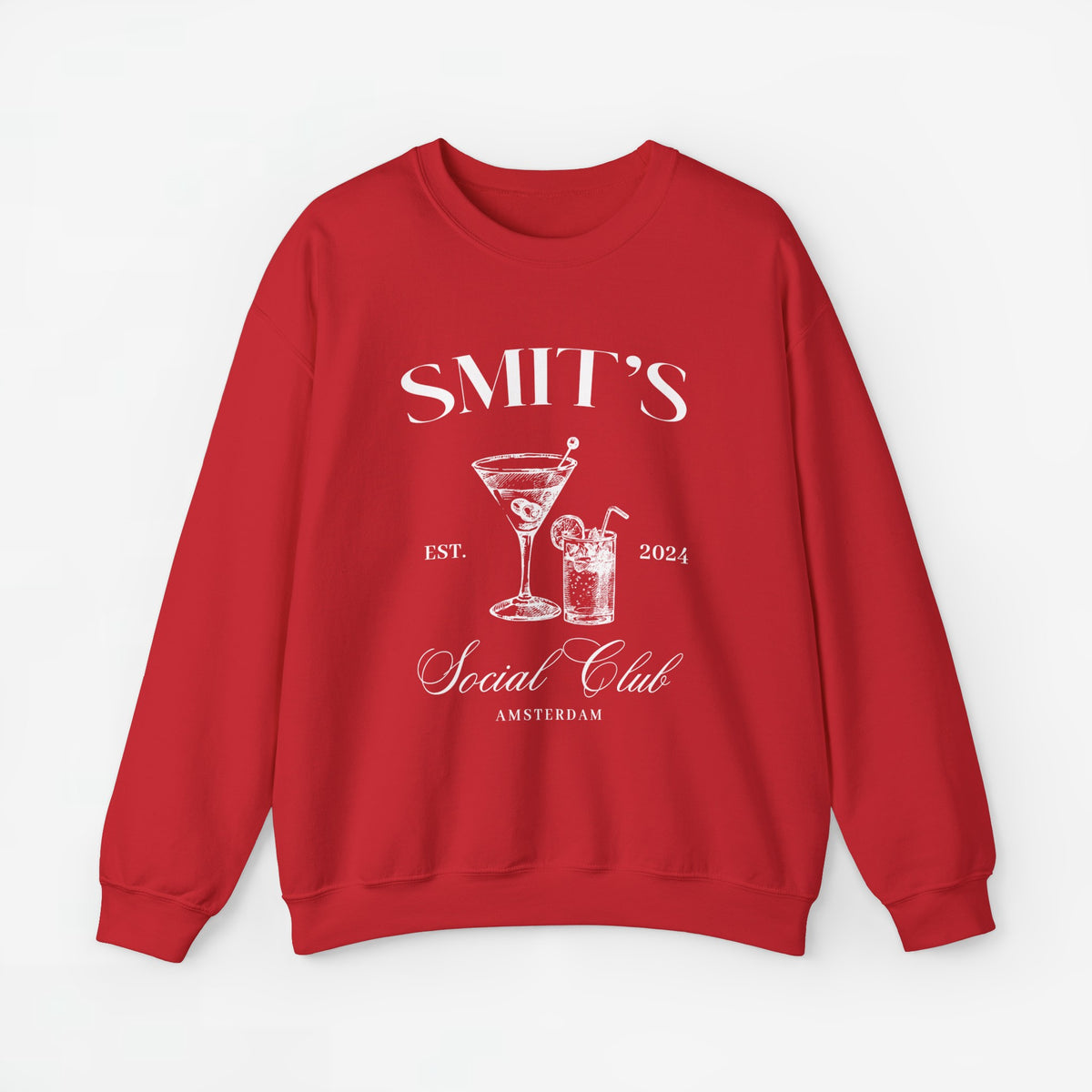 Rode sweater met SMIT'S Social Club cocktailprint, ronde hals en lange mouwen
