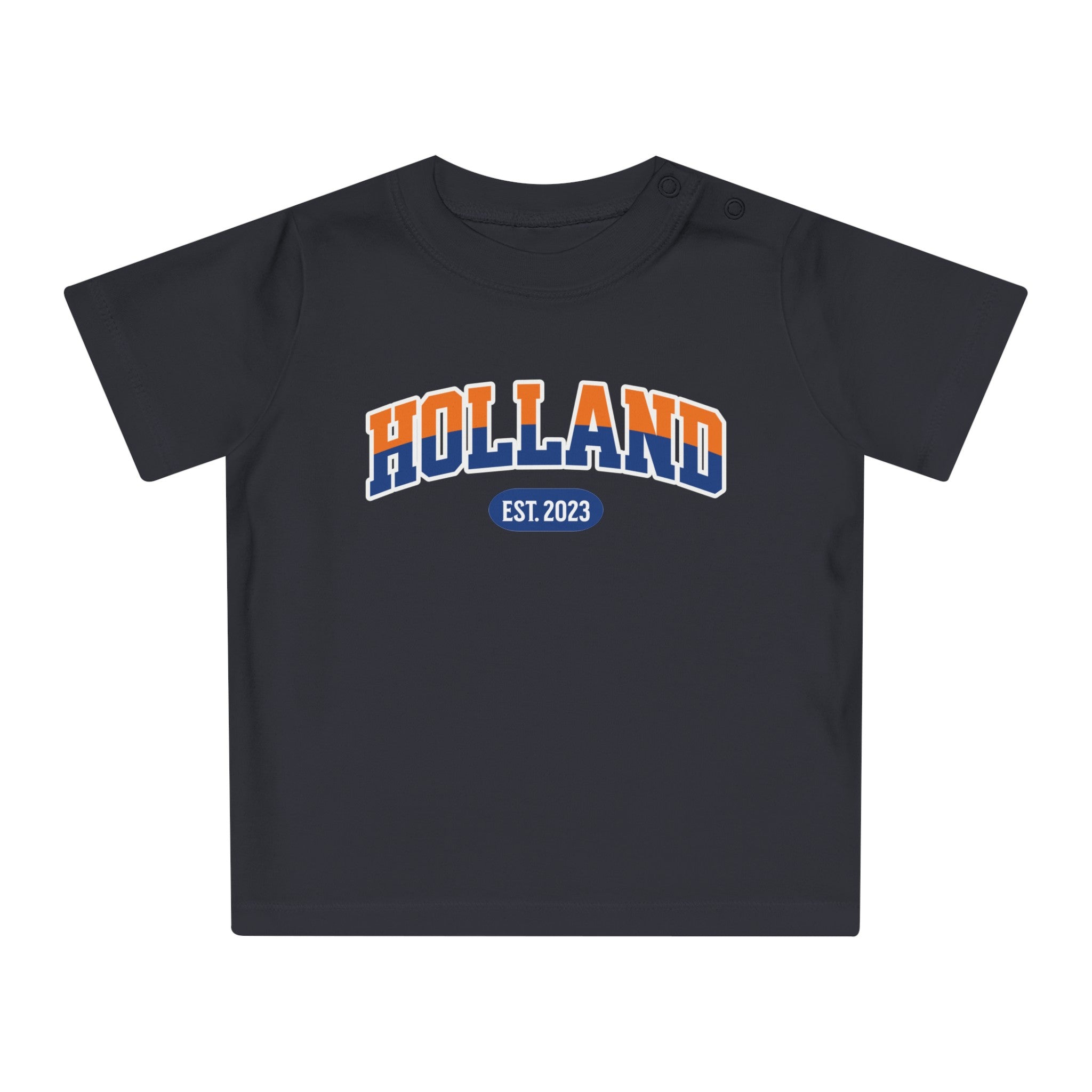Baby T-shirt voor EK, WK en Koningsdag - Personaliseer met EST Jaar  - HOLLAND- oranje en blauwe tekst (Voorkant)