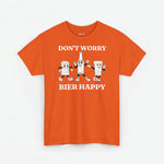 Oranje T-shirt met groot frontprint “DON’T WORRY” en “BIER HAPPY” met bierfiguren.