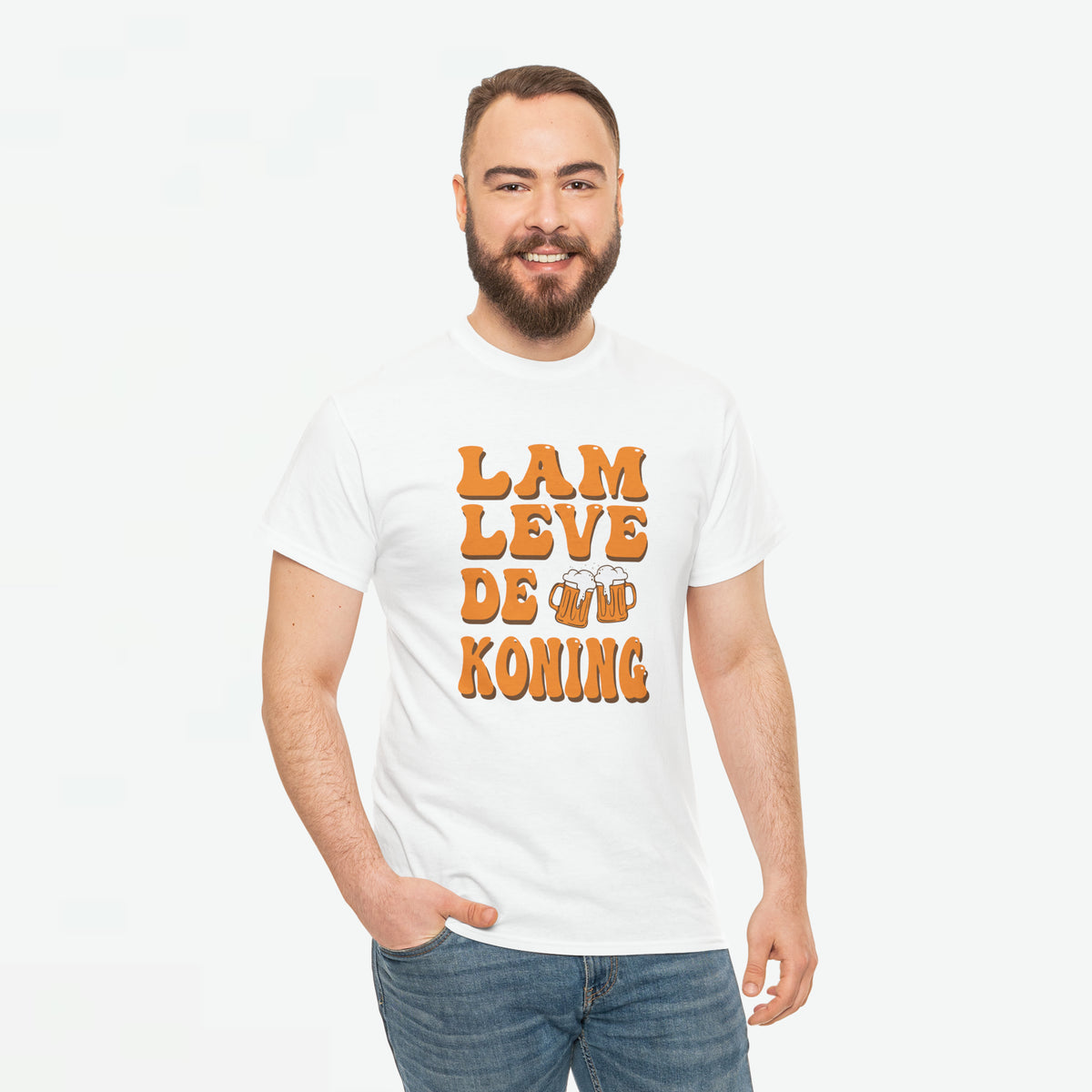 Heren oversize T-shirt wit met oranje tekstprint 'Lam Leve de Koning'.