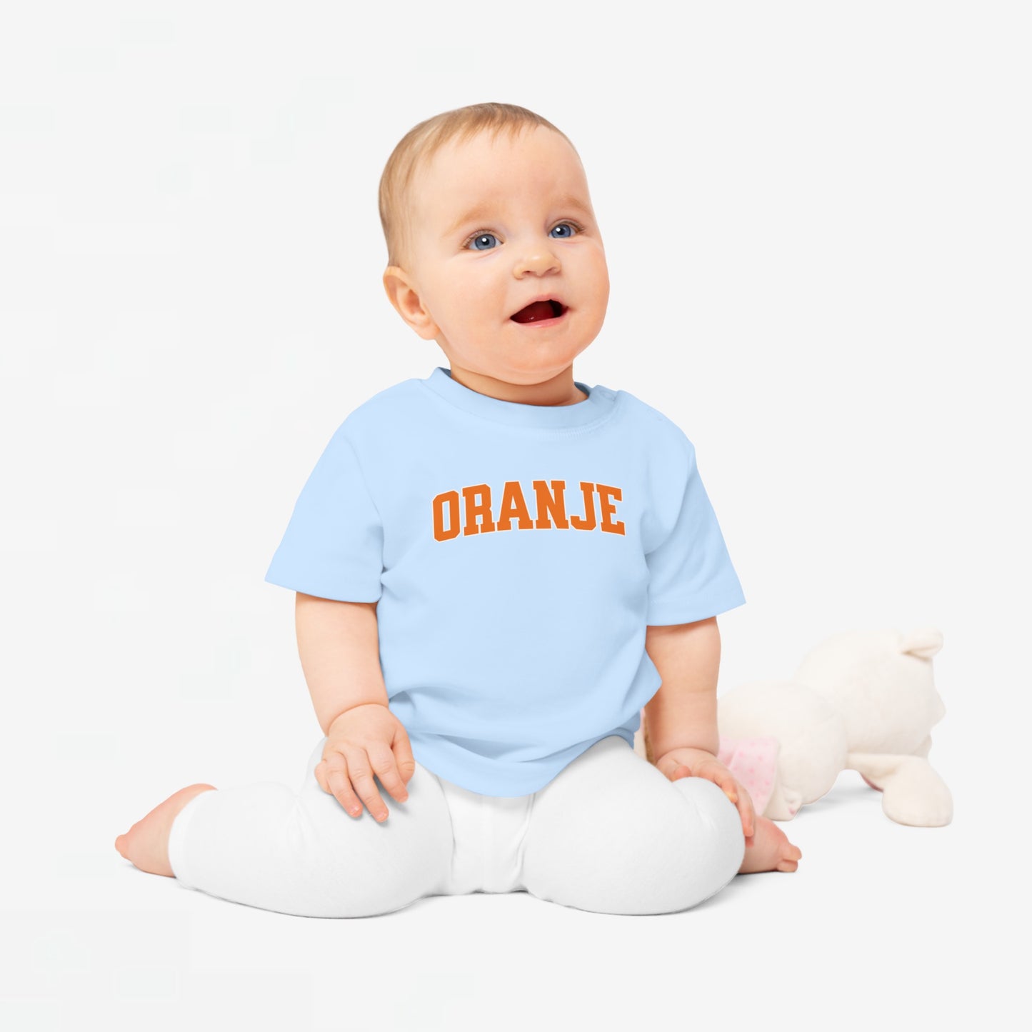 Baby T-shirt voor EK, WK en Koningsdag - ORANJE tekst