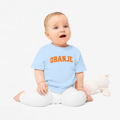 Baby T-shirt voor EK, WK en Koningsdag - ORANJE tekst