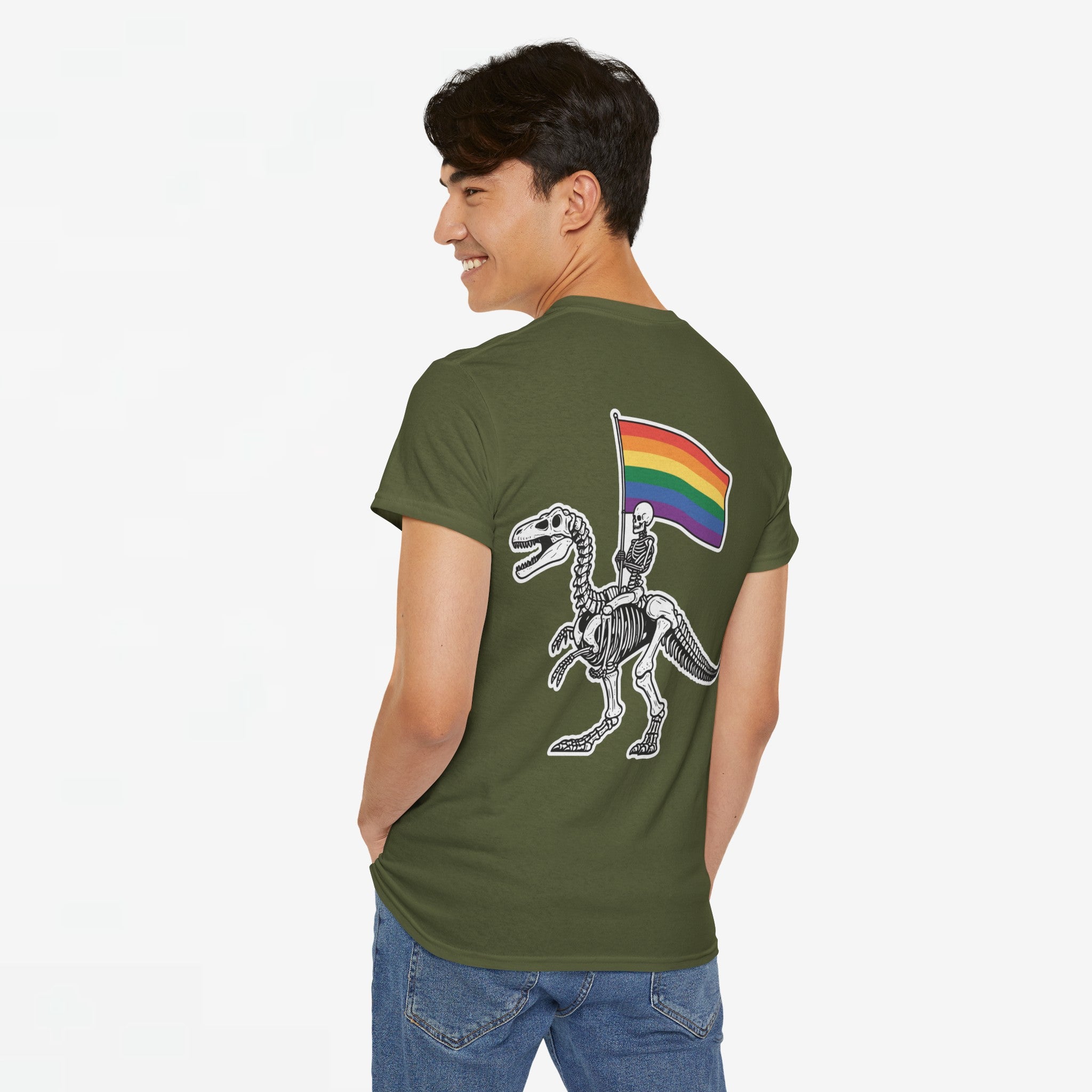 Gay Pride T-shirt - Skelet Dinosaurus Regenboog Pride Vlag - Back Print - Oversized #77