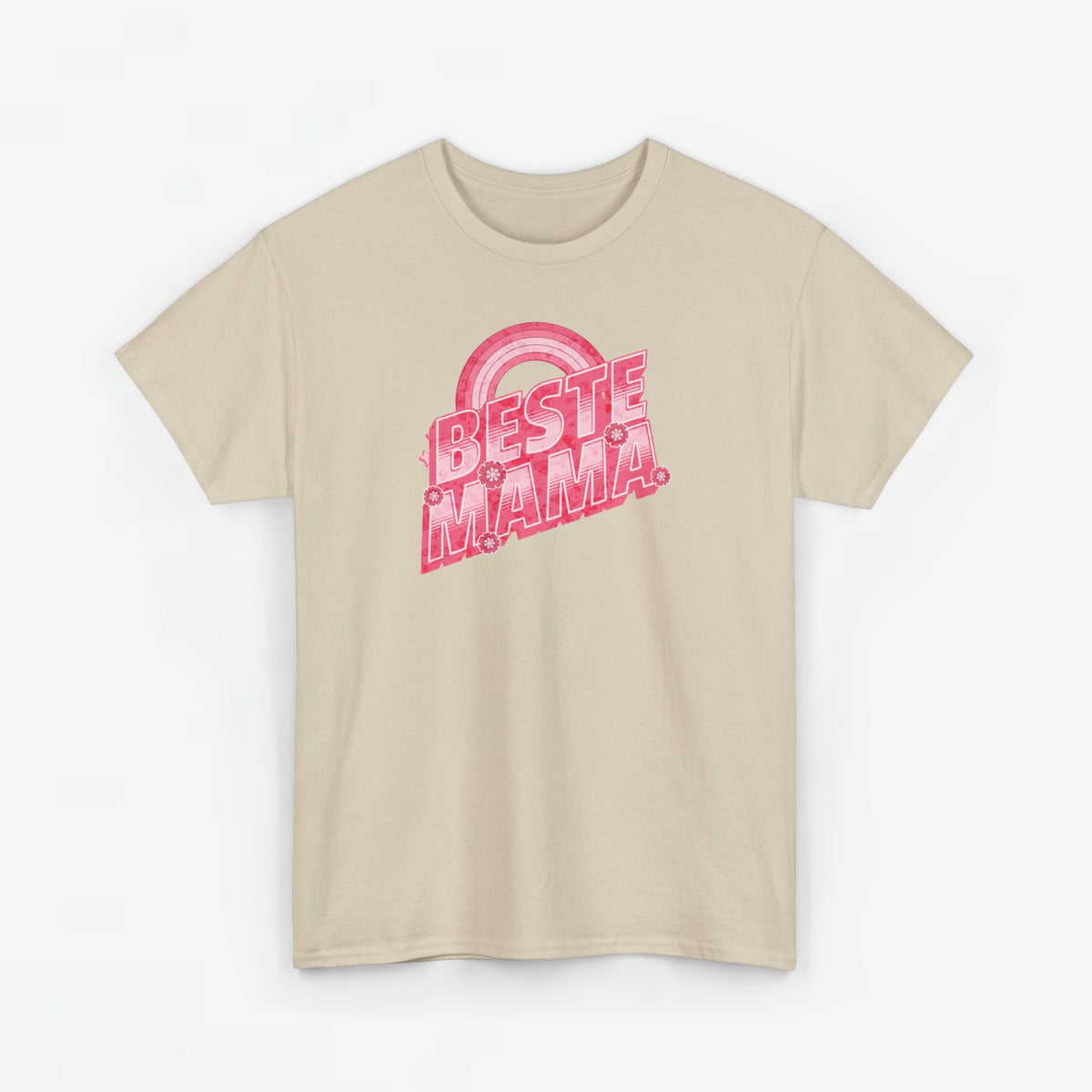 Zandkleurige T-shirt met ronde hals en roze “Beste Mama” opdruk