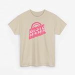 Zandkleurige T-shirt met ronde hals en roze “Beste Mama” opdruk