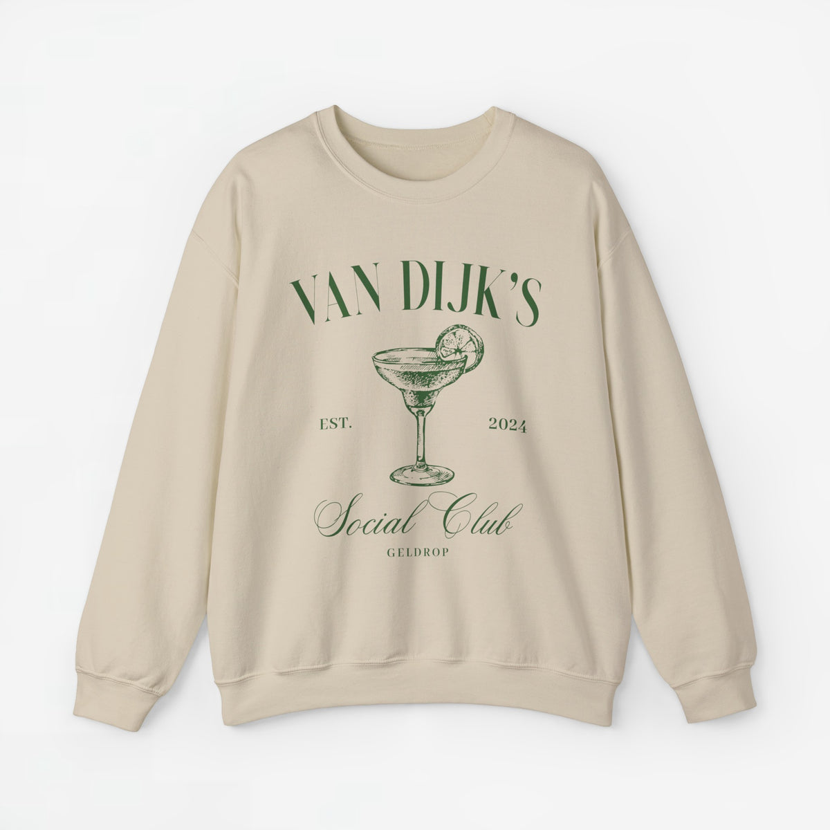 Beige sweatshirt met ronde hals en opdruk van cocktailglas met tekst