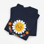 Marineblauwe oversized T-shirt met zonillustratie en kleurrijke bloemen-letters