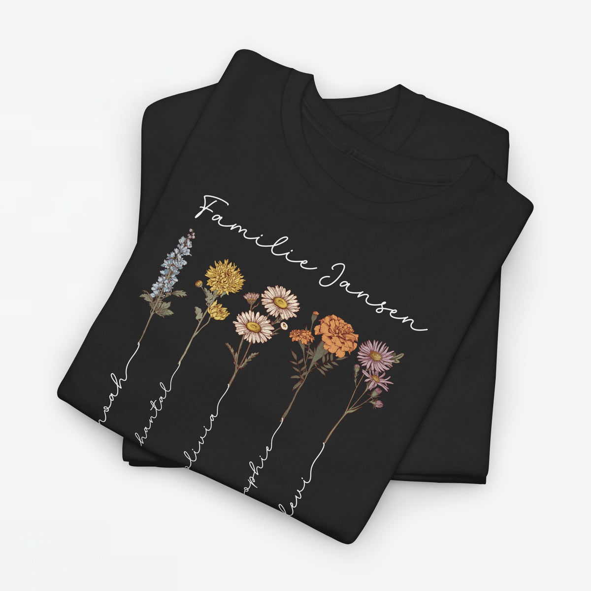 T-shirt in zwart met bloemenprint en sierlijke namen op de voorkant
