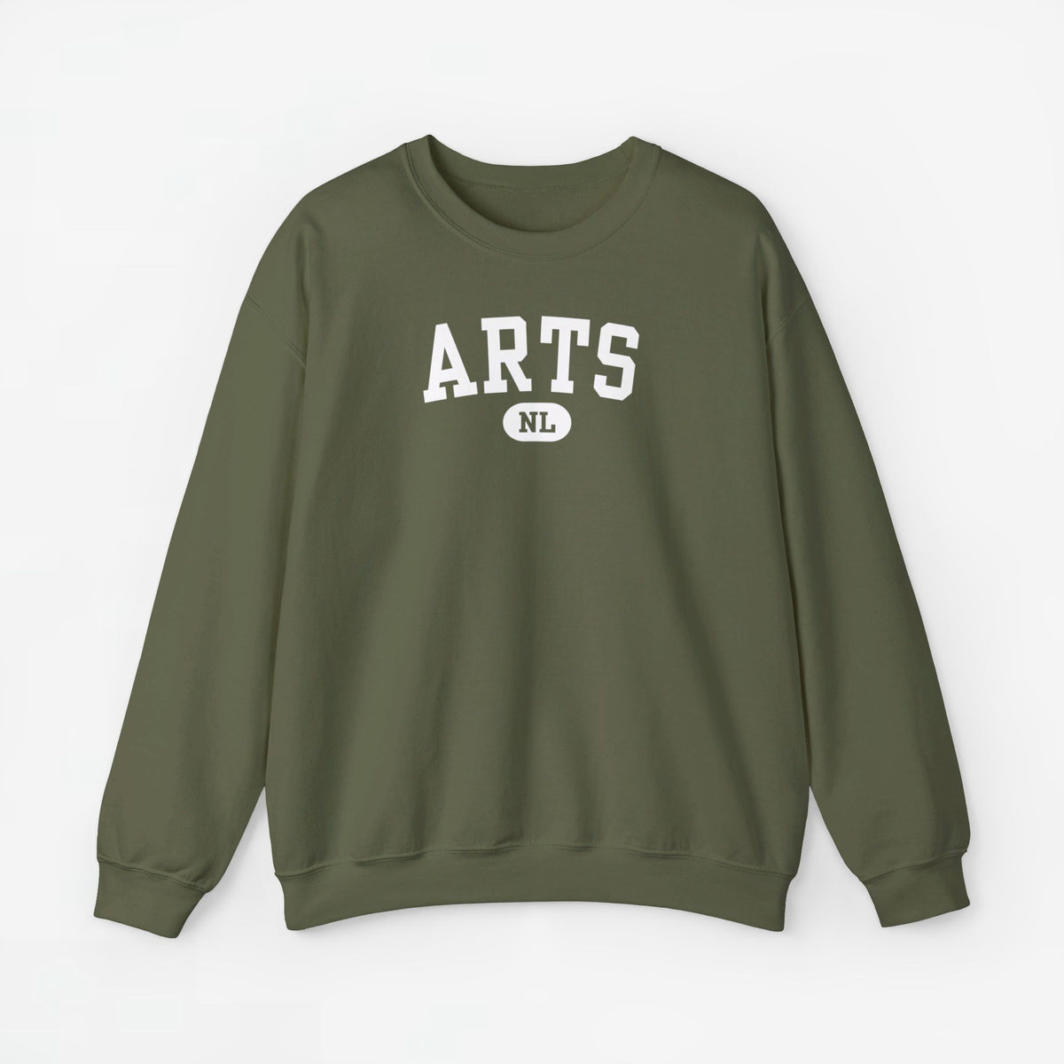 Olijfgroene sweatshirttrui met ronde hals en witte “ARTS” print met “NL” logo