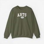 Olijfgroene sweatshirttrui met ronde hals en witte “ARTS” print met “NL” logo
