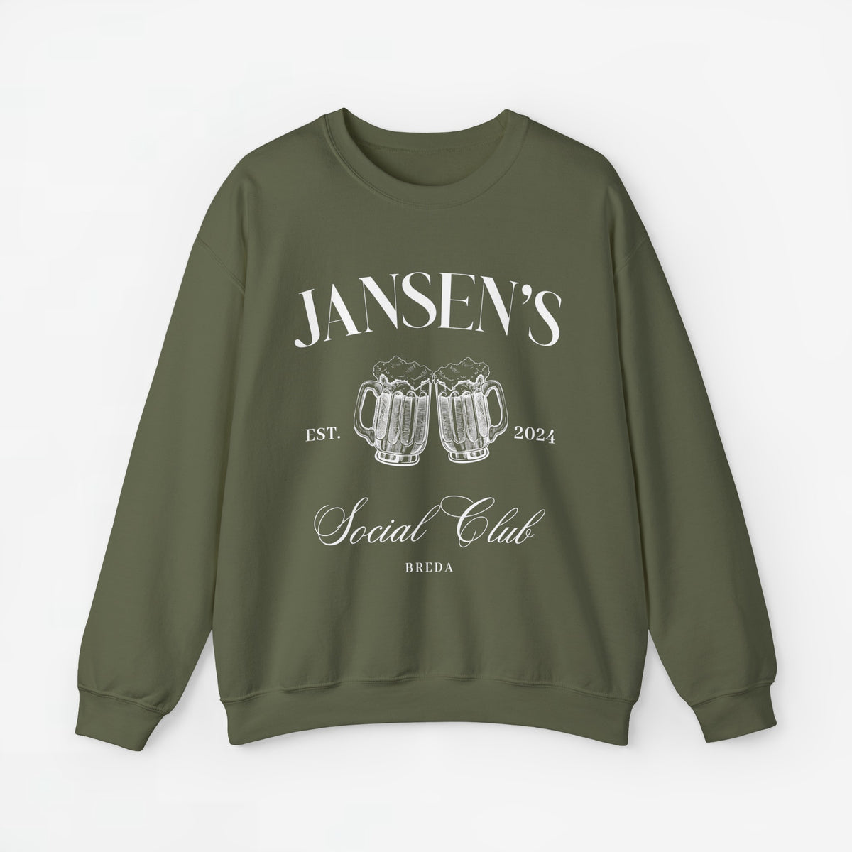 Olijfkleurige sweatshirt met opdruk 'JANSEN'S', bierpullen en 'EST. 2024', ronde hals