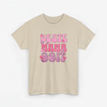 Beige t-shirt met roze tekstprint “Beste Mama Ooit” en cartoonfiguren op de borst