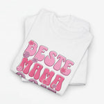 Wit oversized T-shirt met 'Beste Mama Ooit' opdruk en roze dierenillustratie.