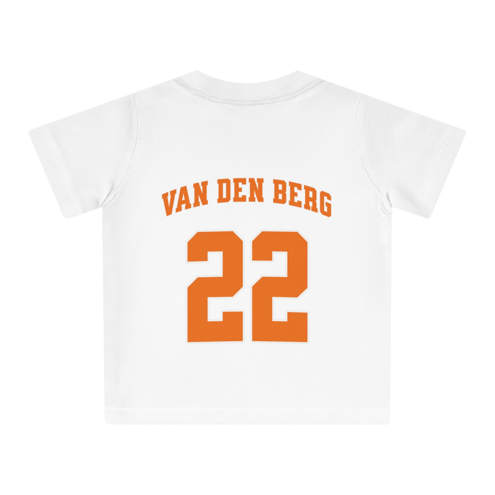 Baby T-shirt voor EK, WK en Koningsdag - Personaliseer met Naam & Rugnummer - NEDERLAND met Leeuw