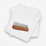 Witte oversized T-shirt stapel met Frikandel-worstprint voorop