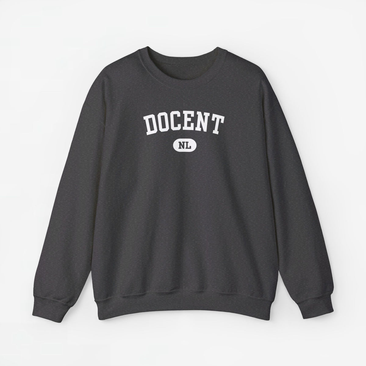 Donkere antraciet sweatertrui met lange mouwen en DOCENT NL-print op de borst