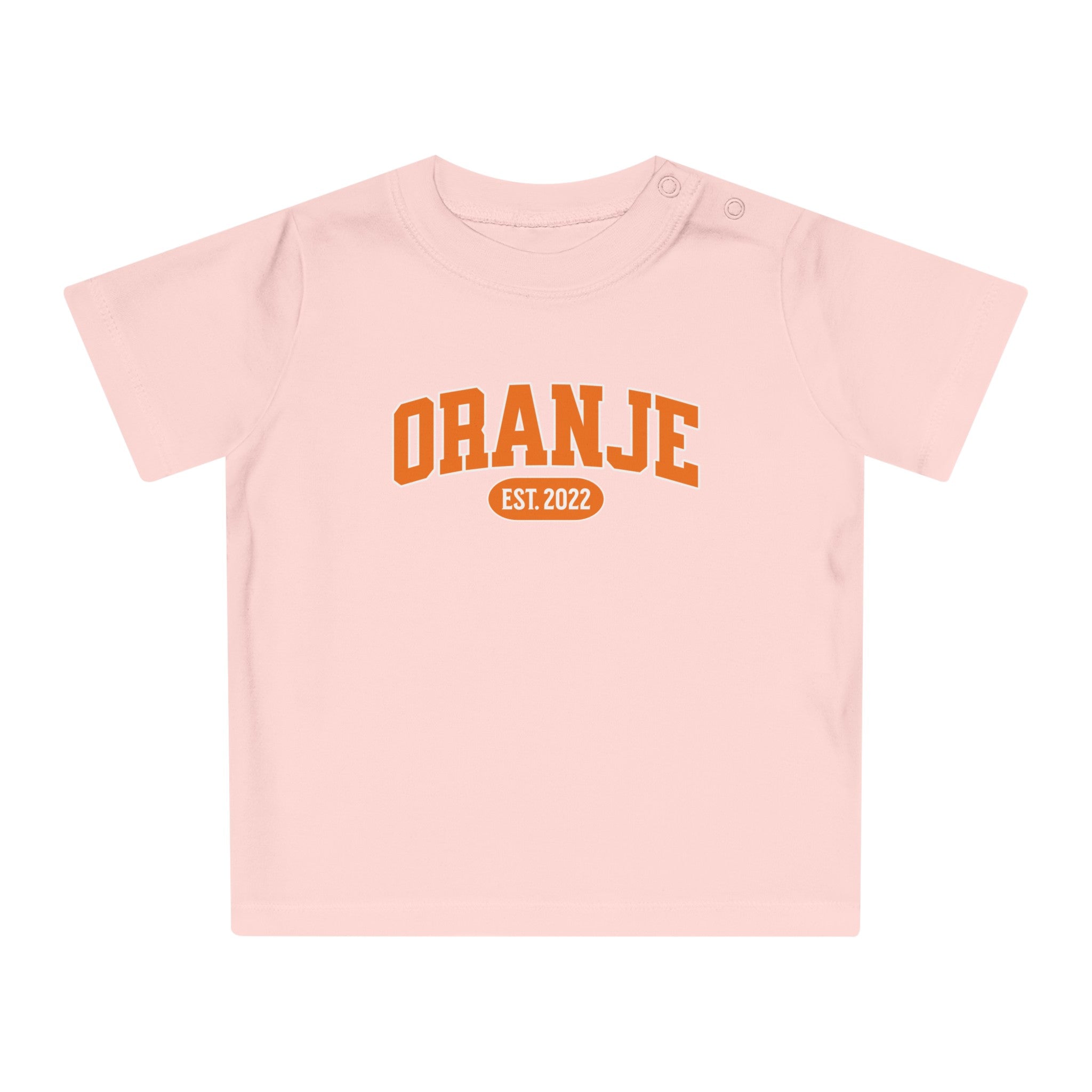 Baby T-shirt voor EK, WK en Koningsdag - Personaliseer met EST Jaar  - ORANJE (Voorkant)