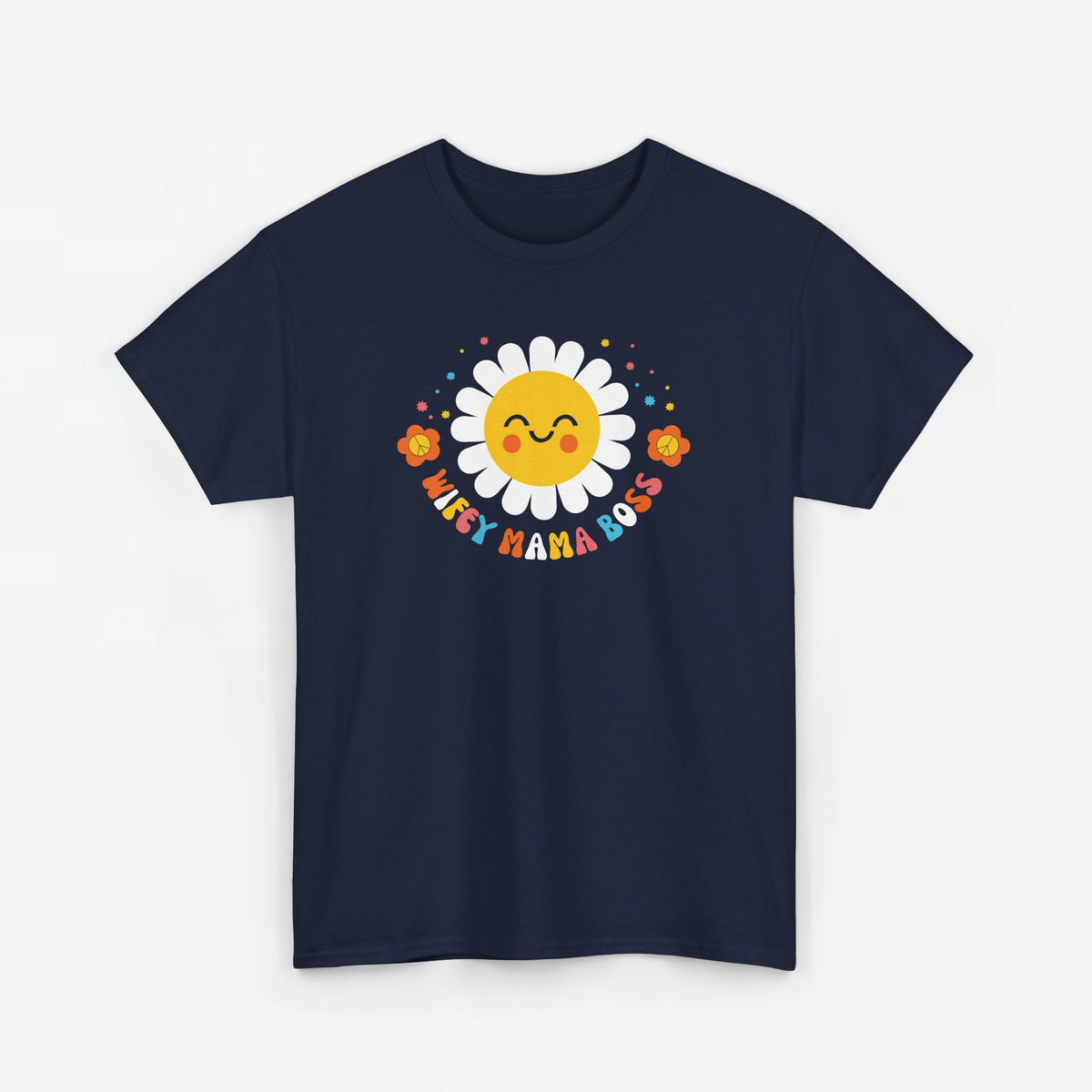 Oversized T-shirt navy met kleurrijke zon- en bloemenprint "Wifey Mama Boss"