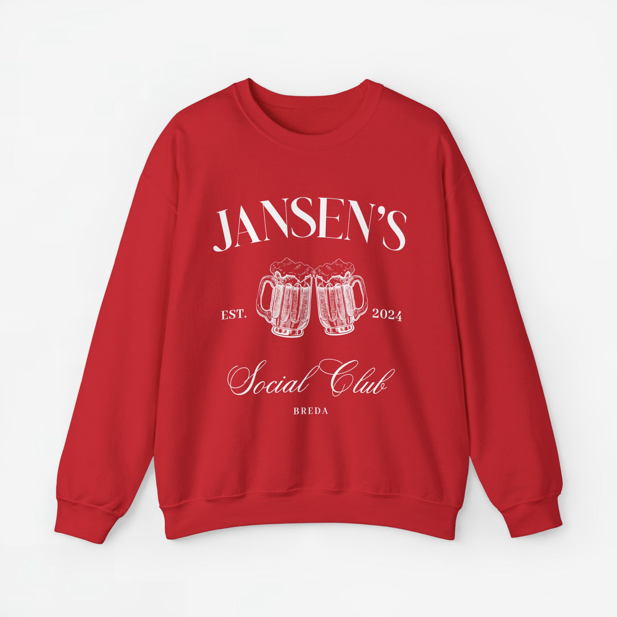 Rode sweatshirt met opdruk 'JANSEN'S', bierpullen en 'EST. 2024', ronde hals