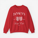 Rode sweatshirt met opdruk 'JANSEN'S', bierpullen en 'EST. 2024', ronde hals