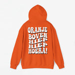 Oranje hoodie met capuchon en rugbedrukking, hangende mouwen