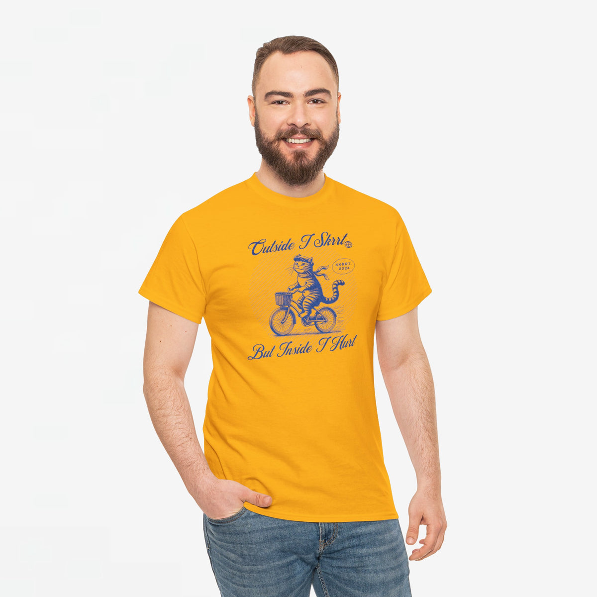 Oranje oversized T-shirt met blauwe katten- en fietsprint op de borst