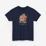 Donkerblauwe t-shirt met bloemenboeketprint en gepersonaliseerde tekst