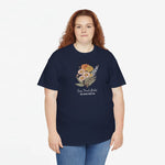 Donkerblauw t-shirt met bloemenprint en sierlijke tekst op de borst