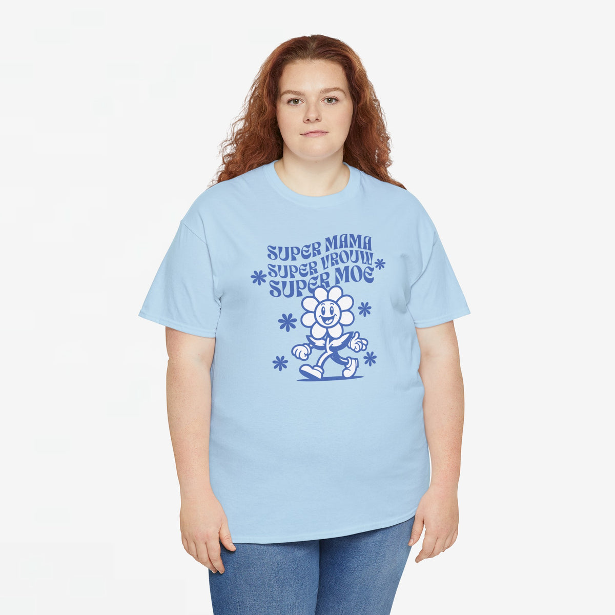Lichtblauwe oversized t-shirt met ronde hals en blauwe ‘Super Mama’ print