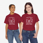 Donkerrood oversized T-shirt met witte opdruk “OVERSTIMULATED Moms Club”