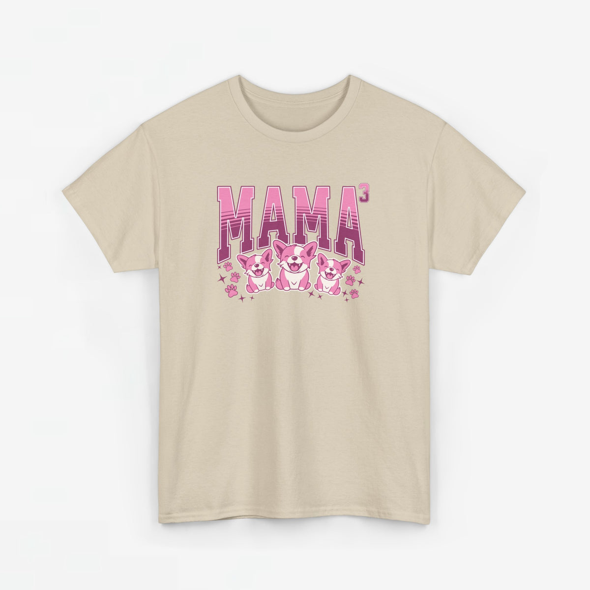 Zandkleurig oversized T-shirt met “MAMA” borstprint en drie hondenfiguren