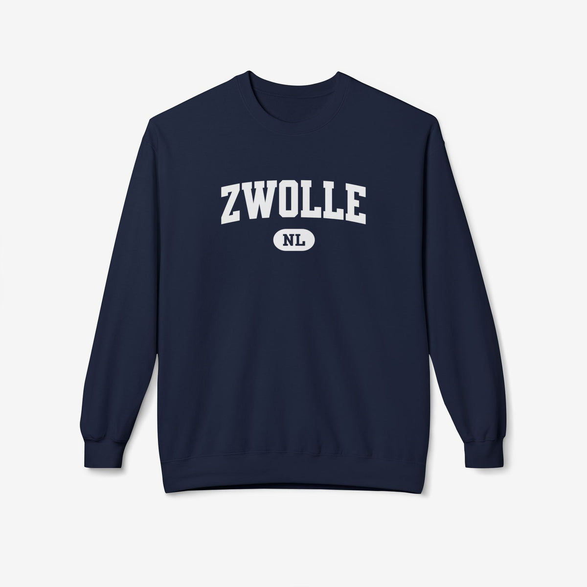 Navy varsity sweater met ronde hals en lange mouwen, opdruk “ZWOLLE NL”.