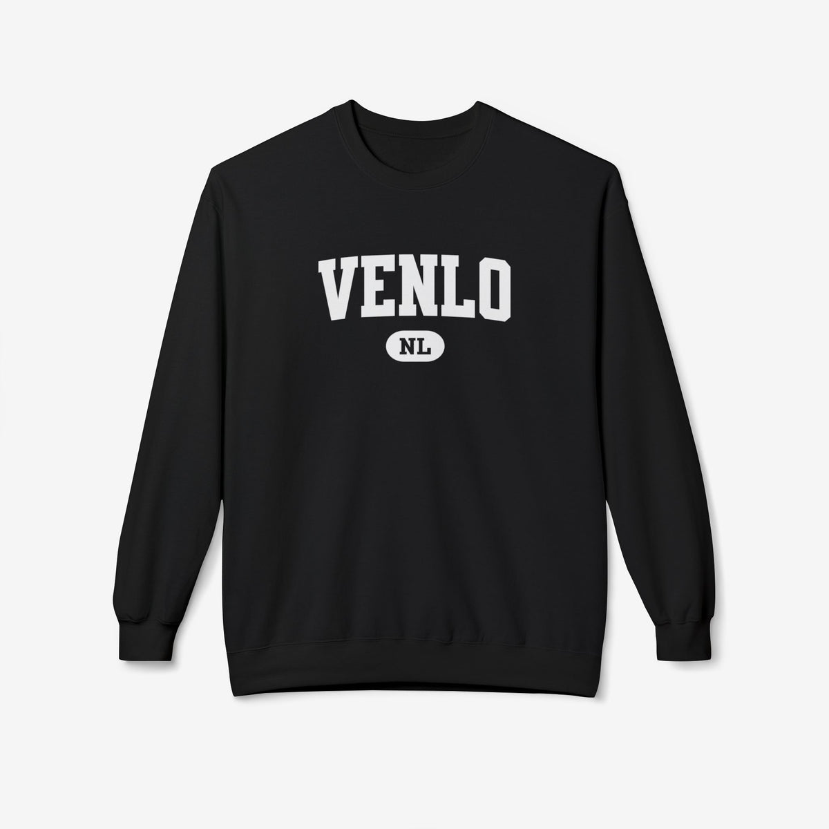 Zwarte varsity sweatshirt met ronde hals en grote VENLO print op de borst
