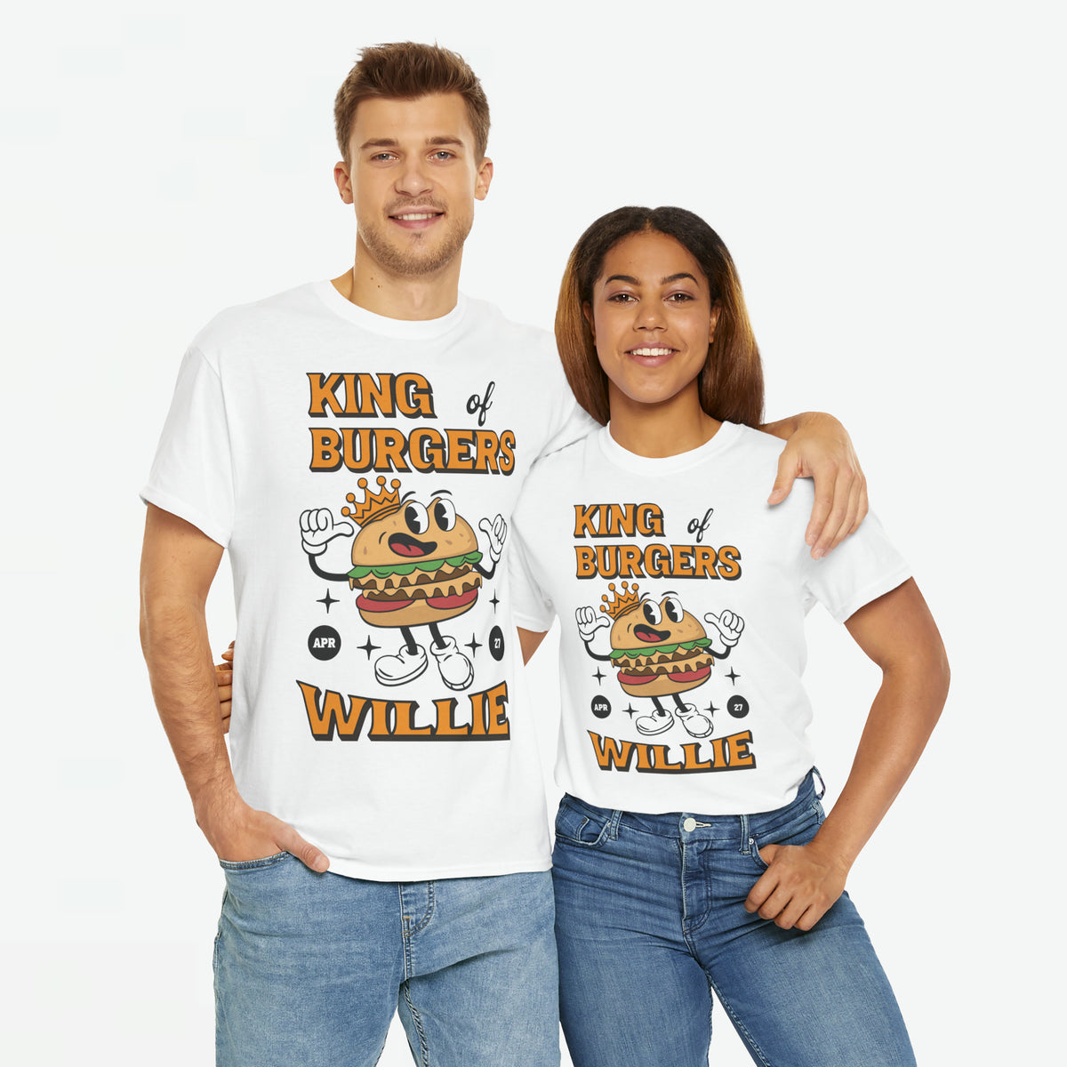 Witte oversized T-shirt met voorprint 'King of Burgers Willie' en lachende burger