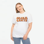 Witte dames oversized T-shirt met oranje tekstprint ORANJE GEKTE vooraan