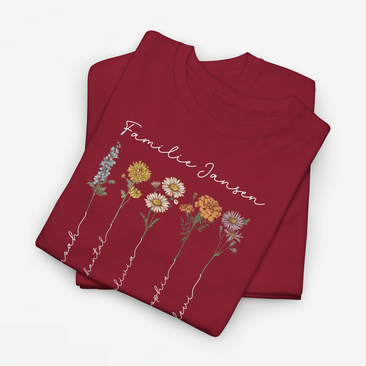 T-shirt in bordeauxrood met bloemenprint en sierlijke namen op de voorkant