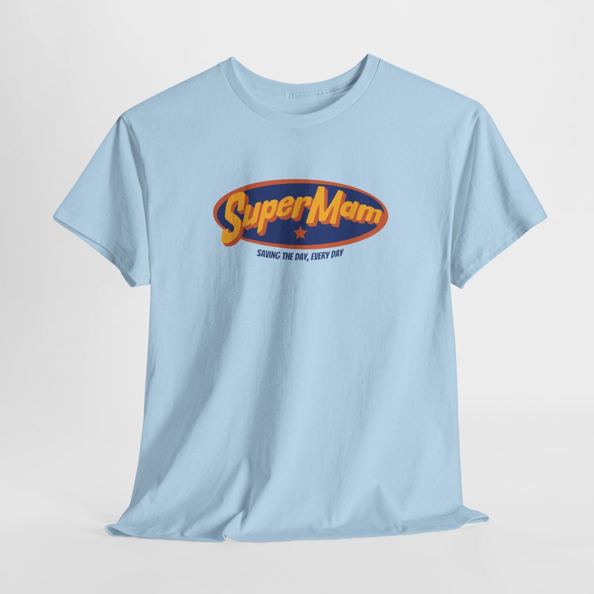Lichtblauw T-shirt met ovale SuperMam-opdruk op de borst