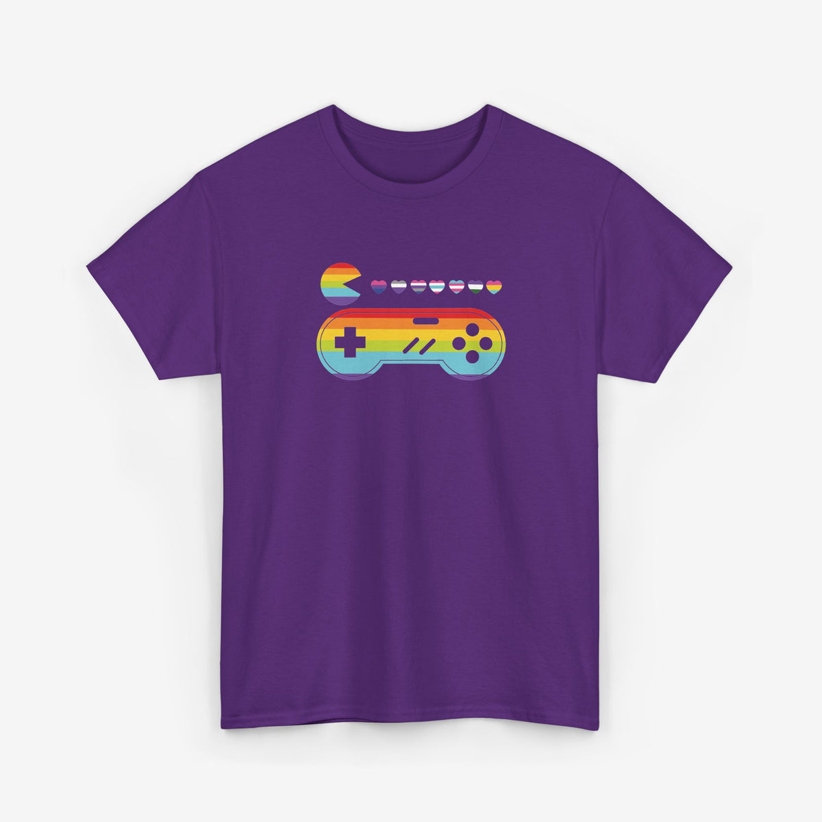 Paarse t-shirt met regenboog gamecontroller en kleine hartjes opdruk