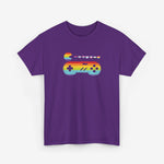 Paarse t-shirt met regenboog gamecontroller en kleine hartjes opdruk