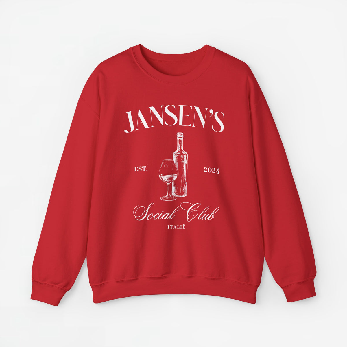 Rode sweater met ronde hals en opdruk van fles en wijnglas op de borst