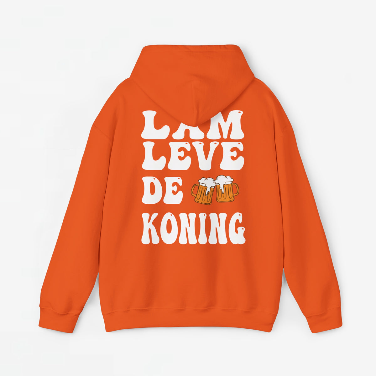 Oranje oversized hoodie met rugprint en capuchon, tekst “LAM LEVE DE KONING”
