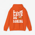 Oranje oversized hoodie met rugprint en capuchon, tekst “LAM LEVE DE KONING”