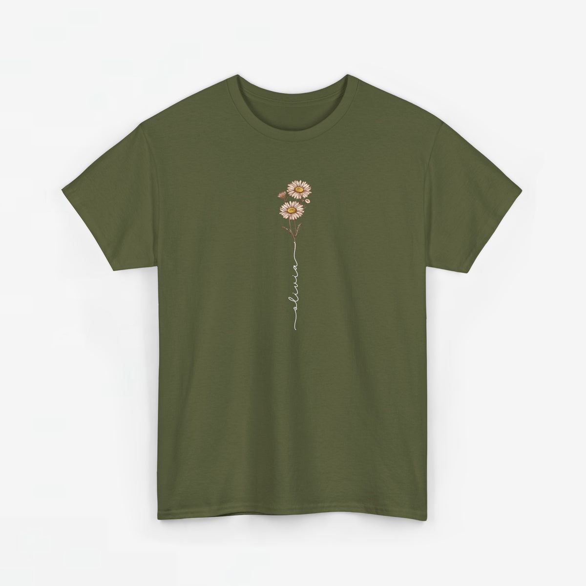T-shirt kaki groen met kleine bloemenprint centraal op de borst
