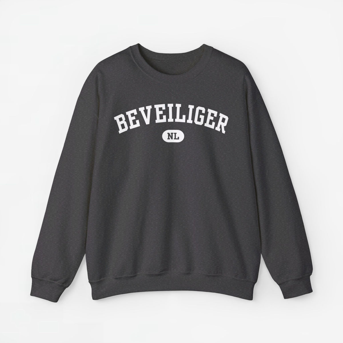 Donkere trui met ronde hals en BEVEILIGER-print met NL-logo